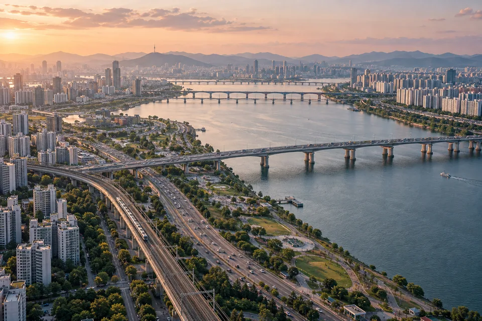 Bridges, railways and riverside infrastructure connecting a city