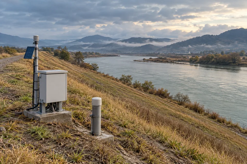 A riverside embankment with monitoring instruments