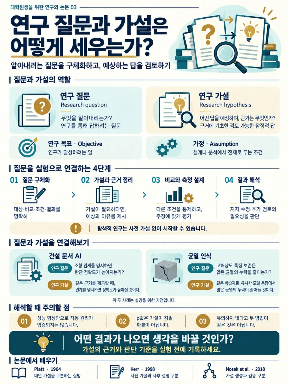 연구 질문·가설·목표·가정의 구분, 가설을 실험으로 연결하는 단계와 해석 주의점