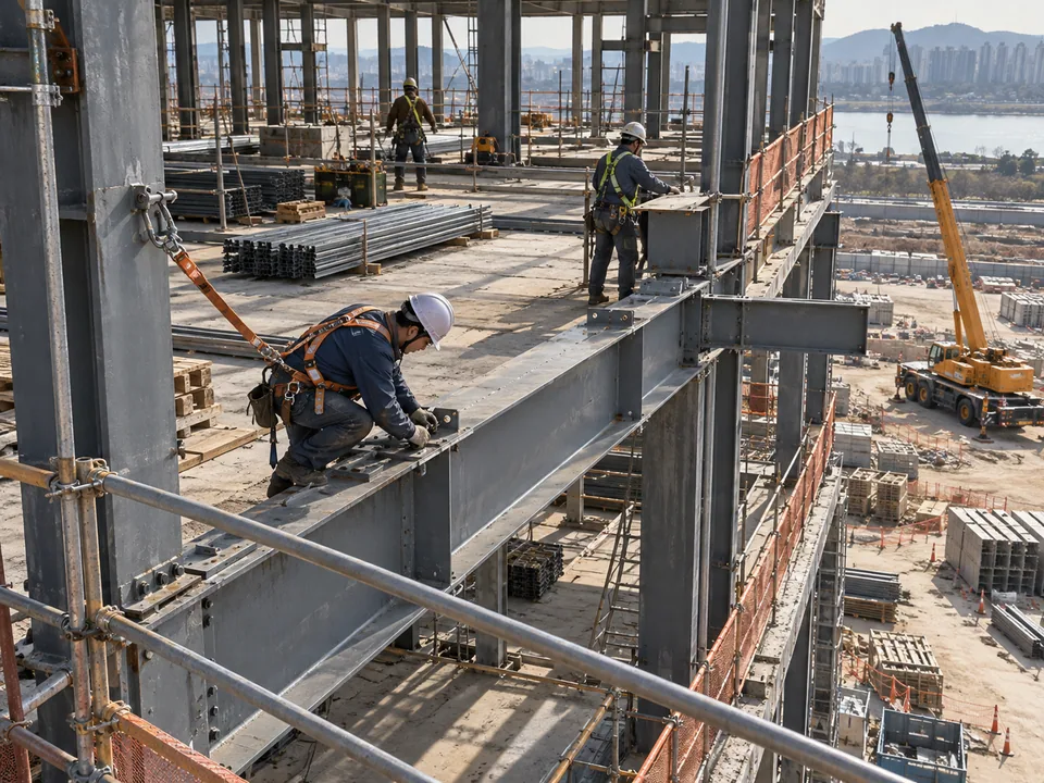 Workers, safety equipment and structures on a construction site