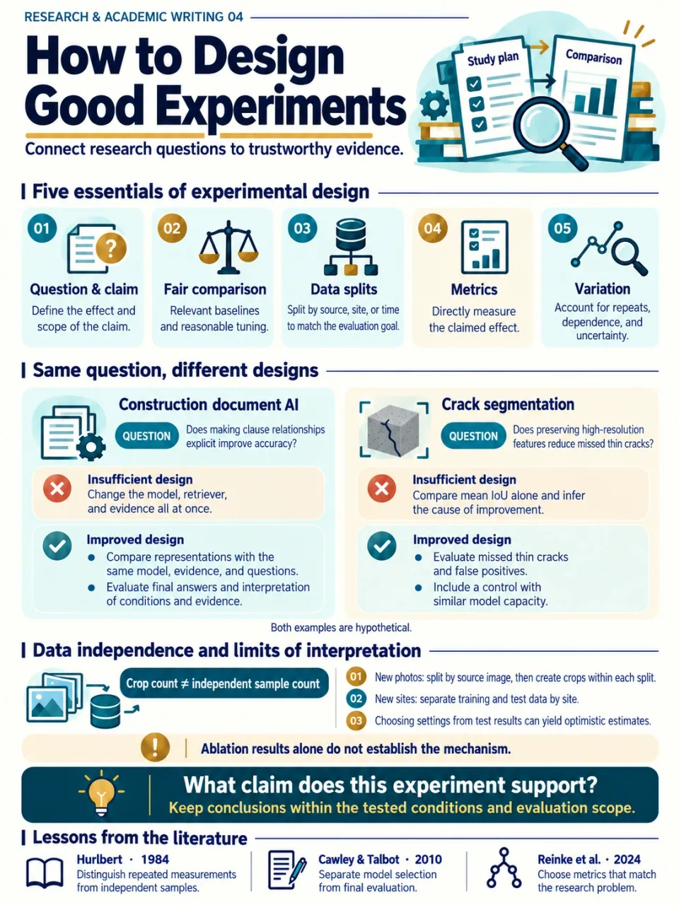 Five elements of experimental design, RAG and crack-segmentation comparisons, data independence, and limits of interpretation