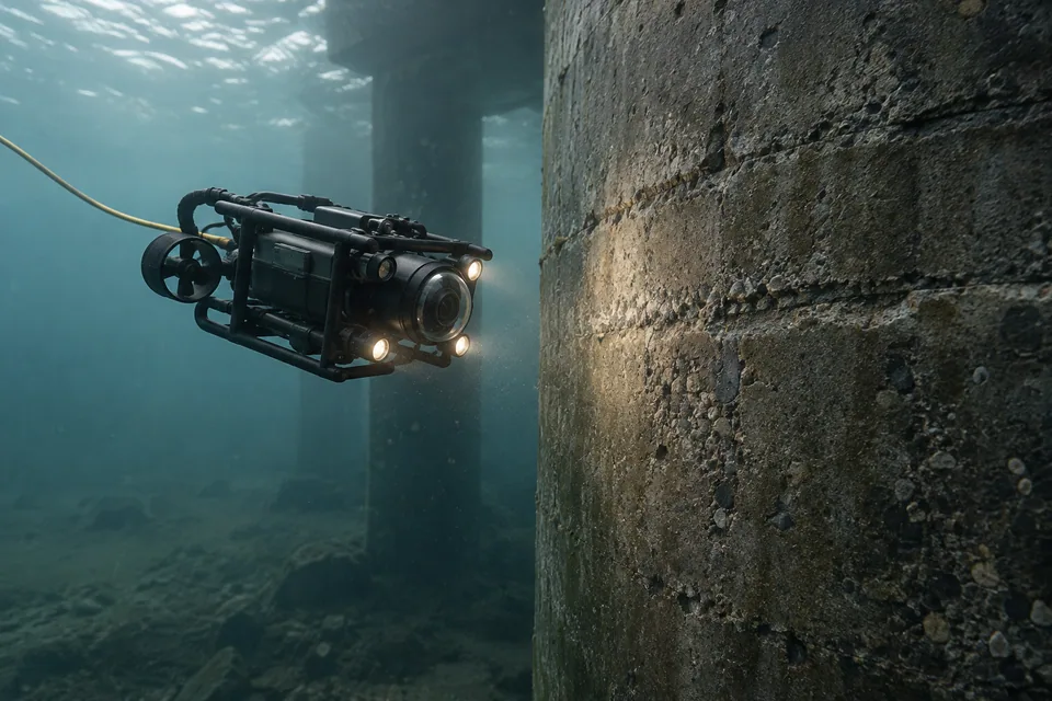 An underwater sensing robot inspecting a concrete bridge pier