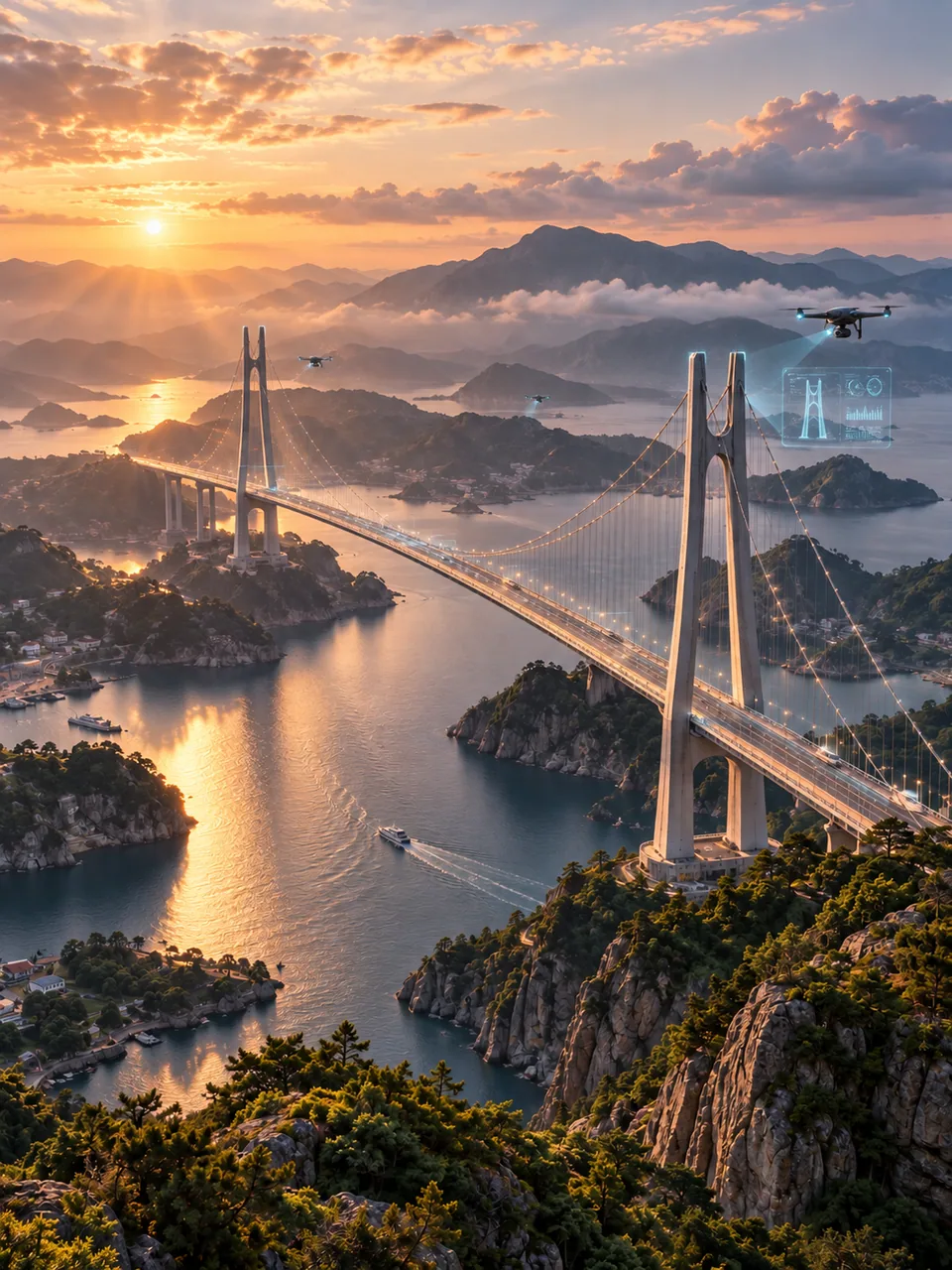 A suspension bridge at sunset with drones monitoring the surrounding infrastructure